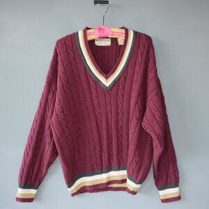 Vintage Retro Woods & Gray 100% cotton v neck chunky sweater